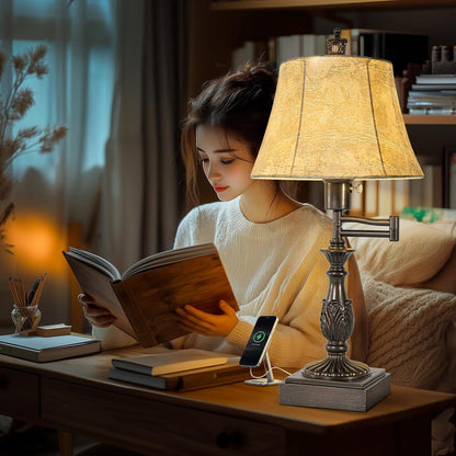 Swing Arm Table Lamp Set of 2 with USB Ports for Living Room | Traditional 350° Adjustable Arm, 23.5" Tall Nightstand Lamp, Brown Finish & Faux Leather Shade, Decor for Bedroom Office5