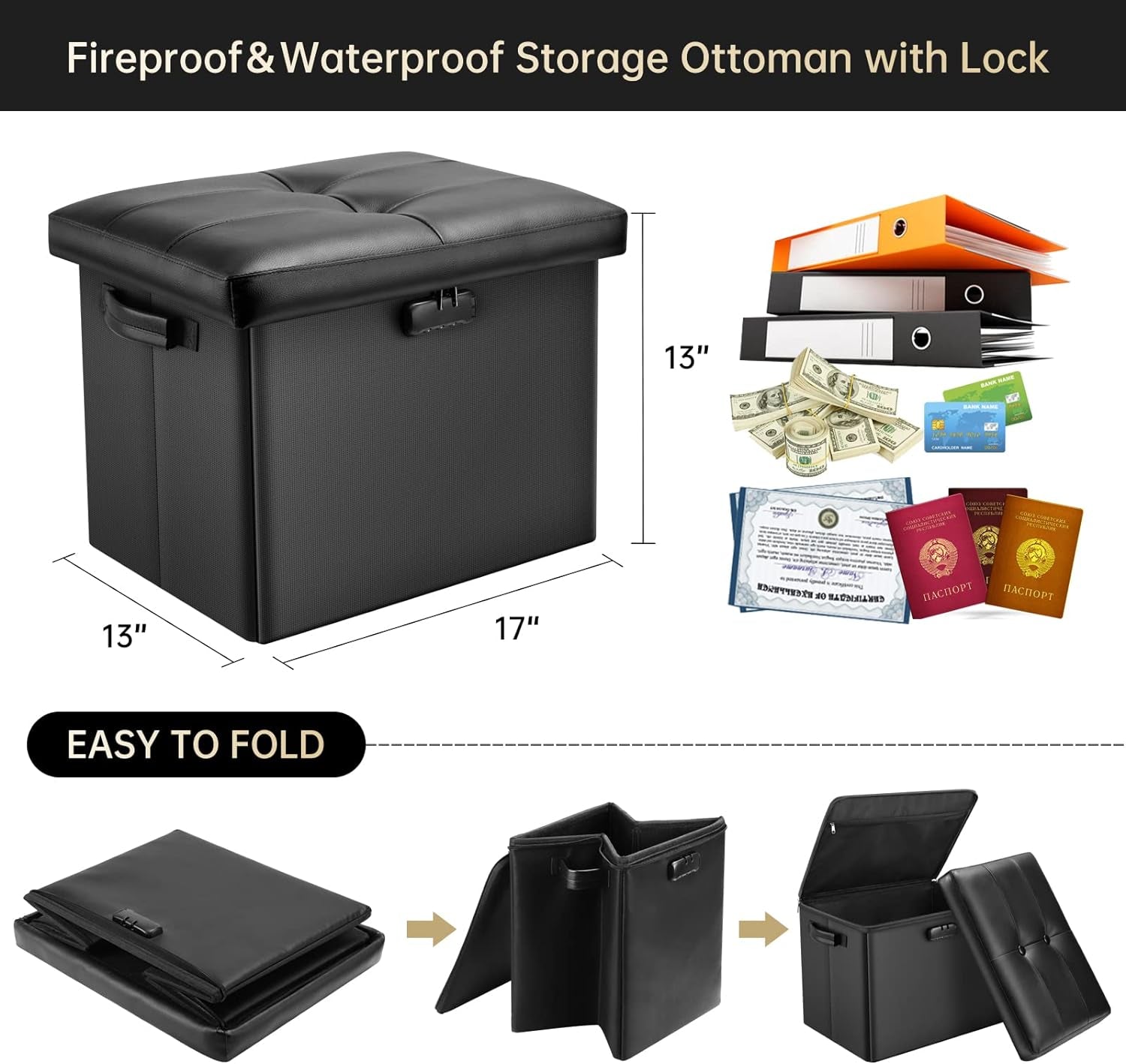 storage-ottoman-with-lock-fireproof-folding-ottoman-foot-rest-stool-storage-chest-with-storage-safe-for-important-documents-waterproof-17-inches-short-ottoman-foot-stool-with-handles-black