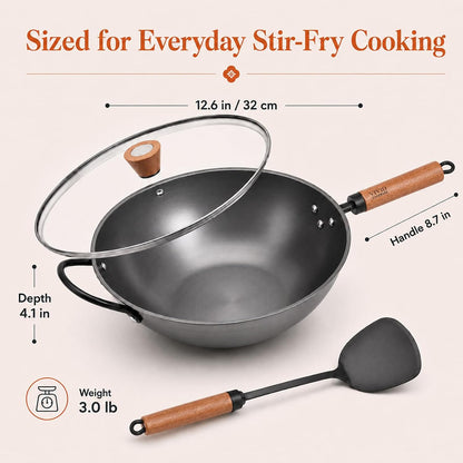 12.6 Inch Carbon Steel Wok with Lid, Flat Bottom Induction Wok Pan, Non-Coated Stir Fry Wok Skillet with Helper Handle, Gas Electric Ceramic Halogen Compatible, Includes Iron Wok Spatula8