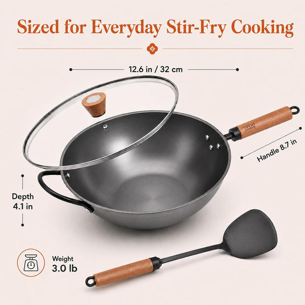 12.6 Inch Carbon Steel Wok with Lid, Flat Bottom Induction Wok Pan, Non-Coated Stir Fry Wok Skillet with Helper Handle, Gas Electric Ceramic Halogen Compatible, Includes Iron Wok Spatula8