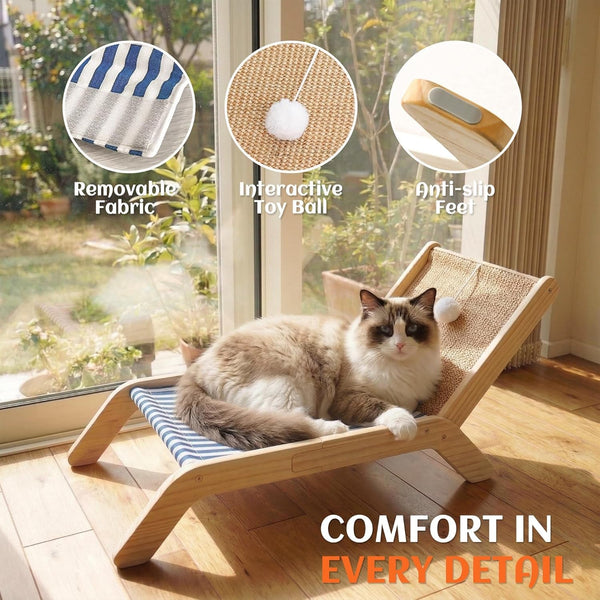 PETKARAY Beach Chair Cat Hammock, Elevated Cat Beds for Indoor Cats, Original Cozy Lounger with Sisal Scratcher and Toy Ball4