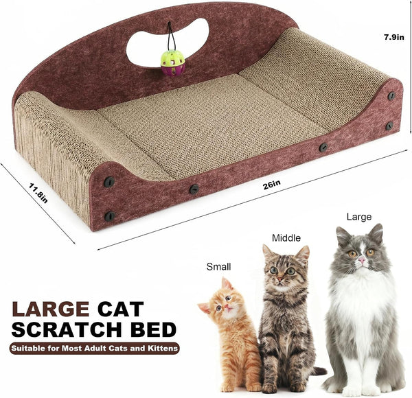 26" Cat Scratcher Bed, Large Scratcher Couch for Indoor Cats, Cardboard Scratcher Sofa, Durable Scratch Pad with Ball, Furniture Protector (Brown, Large)2