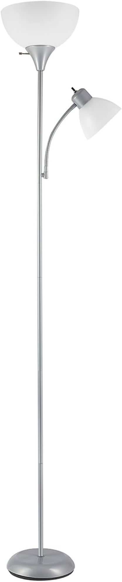 67134 72" Torchiere Floor Lamp and Adjustable Reading Light, Silver, Frosted Shade, Dual Rotary Switch, 3-Step Dimming, Modern Lighting for Living Room or Office, Timeless1