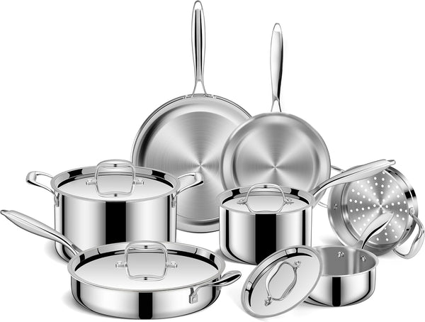 Pots and Pans Set, 3 Ply 11 Piece Stainless Steel Cookware Set, Oven Dishwasher Safe | Induction Compatible Frying Pans, Saucepans, Saute Pan & Stock Pot, PFOA Free Kitchen Skillet1
