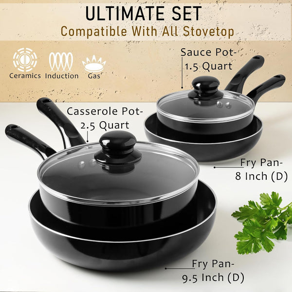6 Pcs Black Nonstick Cookware Set, Induction Cookware | Pots and Pans Set Non Stick with Glass Lid, Stay-Cool Handle PTFE/PFOA Kitchen Pots 6-Piece with Frying Pans & Saucepan2