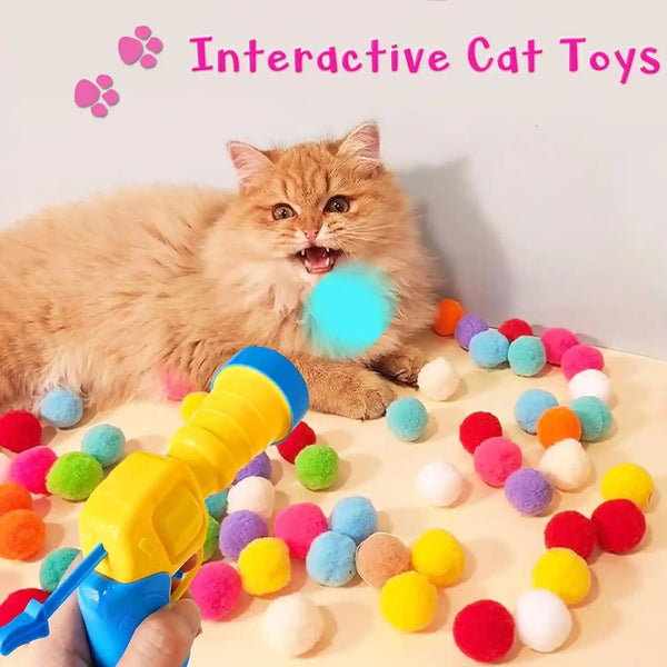 2 Cat Toy Launchers & 100 Cat Pom Pom Balls,Cat Toys Balls Launcher,Launch Ball Interactive Toy,Silent Plush Elastic Ball for Kitty5