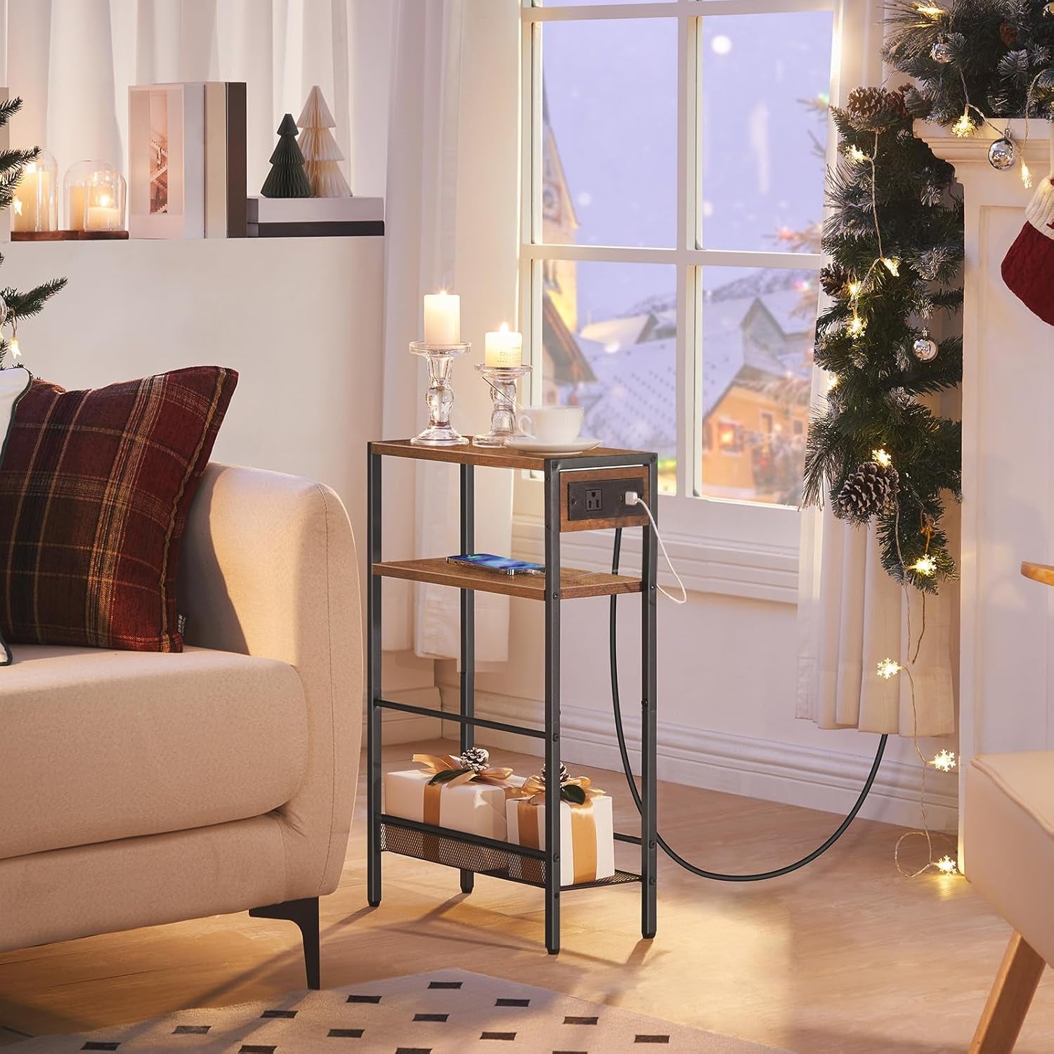 small-narrow-side-table-with-charging-station-skinny-end-table-for-small-spaces-slim-nightstand-with-usb-ports-outlet-sofa-beside-table-with-storage-shelf-rustic-brown-and-black-bf102ubz01