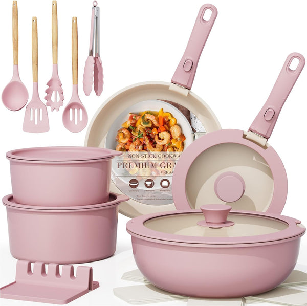 21 Pcs Pots and Pans Set Non Stick, Ceramic Cookware Set Detachable Handle, RV Kitchen Cooking Set Removable Handles, Oven Safe, Induction Ready, Stackable, Pink, Fathers Day Gift for Men1