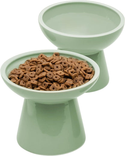 CEEFU 2-Pack Elevated Ceramic Cat Bowls Extra Wide for Food & Water | anti Vomiting, Whisker Friendly, Shallow Food Dish and Deep Water Bowl, Lead&Cadmium-Free, Raised Height for Cats, Sage Green1