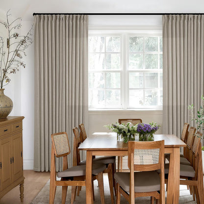 Burlywood Birch Pinch Pleated Linen 90 Inch Curtains 2 Panels | Thick Linen Textured, Flax Burlap Taupe, Pinch Pleat Drapes 90 Inches Long, Semi Sheer Curtains, for Dining Bedroom Office6