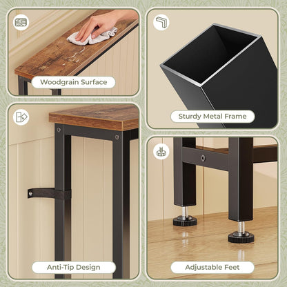 102.4 Inch Sofa Table with Power Outlets, Skinny behind Couch Table | Console Table with USB-C Ports, 23.9’’-34.4’’ Height Adjustable Range, Sofa Tables Narrow Long for Small Spaces, Rustic Brown9