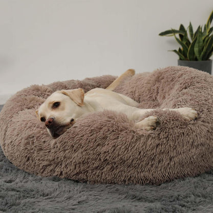 HACHIKITTY Calming Donut Cuddler Dog Bed, round Fluffy Pet Bed with Sewn-In Cushion for Large Dogs,Washable, Large, Taupe, 30''5