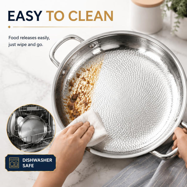 Titanium Hammered Pan, Upgrade Double Handle No Coating Non-Stick Titanium Cookware, Ultra-Durable, Scratch-Resistant, Even Heating Frying Pans, Compatible with All Cooktops,11.02In/Lid6