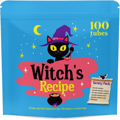 Witch'S Recipe Lickable Cat Treats, Creamy Squeezable Puree, Grain-Free, 100 Tubes, Chicken Tuna Salmon Goatmilk Capelin Flavors 0.5Oz Each Tube1