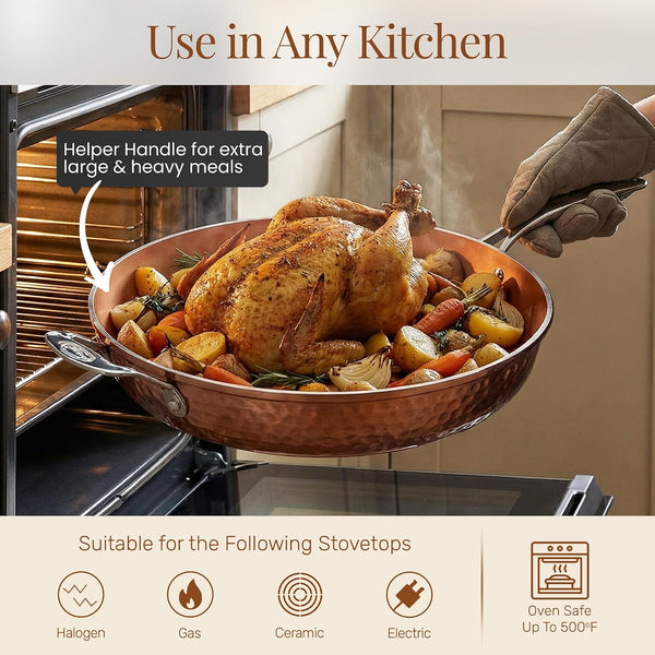 Hammered Copper 14 Inch Non Stick Frying Pan with Lid, Nonstick Frying Pan with Ceramic Coating and Induction Plate for Even Heating, Oven / Dishwasher Safe, 100% Healthy & Non Toxic | Extra Large Skillet, Induction Compatible, PFOA/PFOS/PTFE Free Ceramic Coating, Stay-Cool Handle, Oven & Dishwasher Safe6