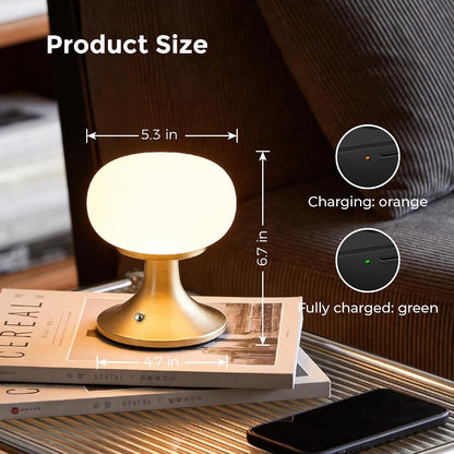 Cordless Mushroom Table Lamp - Stepless Dimming - 2700K Warm Light - Gold | Aluminum Base & Glass Shade - 150LM - Rechargeable Table Lamp for Bedroom,Living Room,Dining Table4