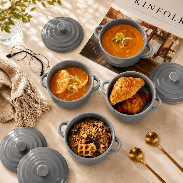Mini Dutch Oven Set of 4, 14 Oz Ceramic Mini Dutch Ovens with Lids and Handles, Ramekins with Lids for French Onion Soup, Pot Pies, Soufflés and Baked Desserts, Oven Microwave Dishwasher Safe, Mini Cocotte, Grey4