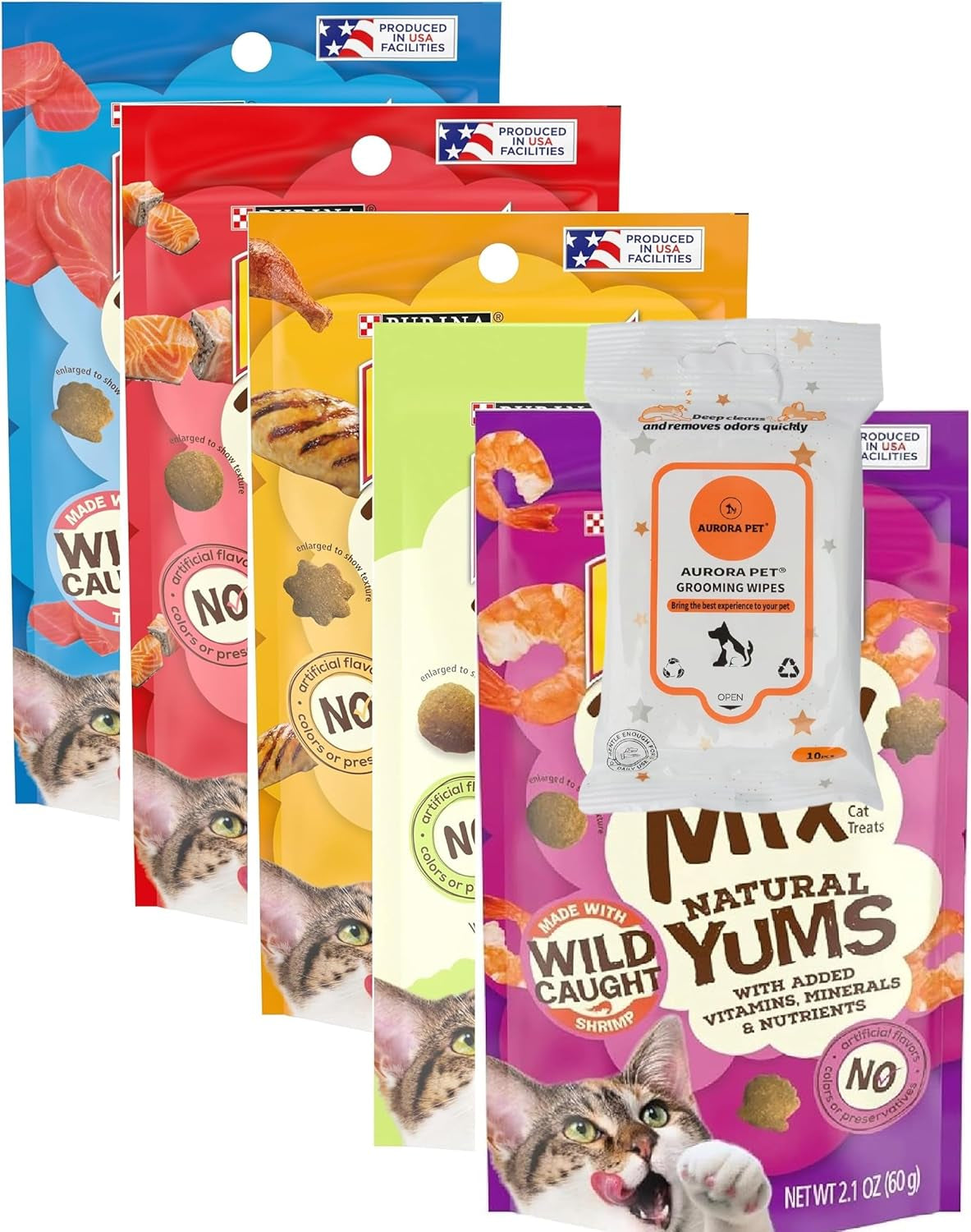 5-pack-natural-yums-cat-treats-salmon-tuna-chicken-shrimp-catnip-2-1-oz-each-with-aurorapet-wipes