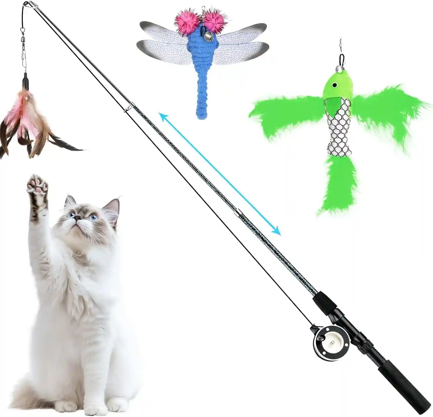 pawaboo-cat-feather-toys-4-pack-interactive-cat-feather-teaser-wand-toys-retractable-fishing-pole-wand-catcher-exerciser-with-refill-fish-dragonfly-worm-with-bells-fun-cat-kitten-kitty-playing-toy
