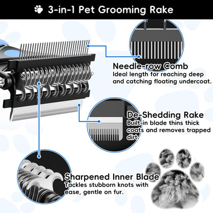 3-In-1 Professional Pet Grooming Brush for Dogs & Cats – Dematting Comb, Undercoat Rake & Deshedding Tool for Long & Short Hair, Heavy Shedding & Matted Fur (Blue)2