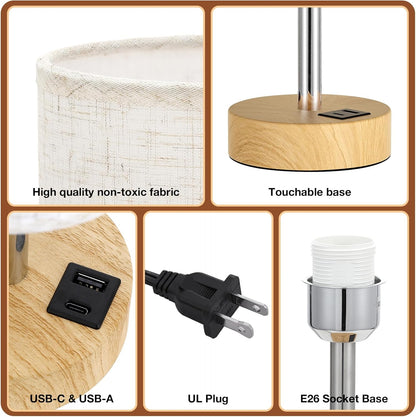 Bedside Table Lamp for Bedroom - 3-Way Dimmable Touch Lamp, USB A+C | LED Bulb Included, 14" Small Nightstand Lamp for Desk, Living Room, Guest Room, Cream Fabric Lampshade, Wood-Grain Metal Base6