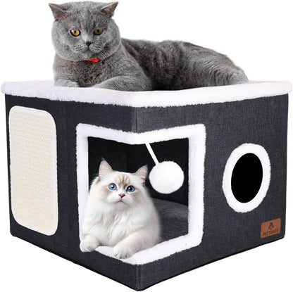 Cat Beds for Indoor Cats, Large Cat Cave Bed with Scratch Pad and Fluffy Ball, Foldable Cat Hideaway, Cat House with Reversible Cushion for Multi Small Pet up to 30LBS, Grey13