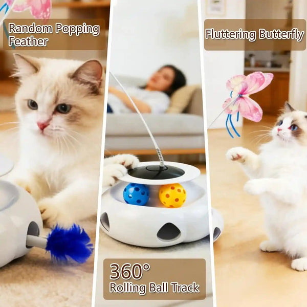 3-In-1 Interactive Cat Toy with Remote Control, Butterfly Wand & Automatic Retractable Feathers & Rolling Ball Track, Multi-Functional Cat Toy for Indoor Cats, Suitable for Bored Kitten, White4