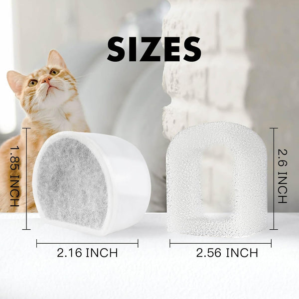 16 Pack Cat Water Fountain Filters Replacement, 8 Carbon Filters and 8 Foam Sponge Pre-Filter Fit for Multiple Ceramic and Stainless Steel Pet Fountains2