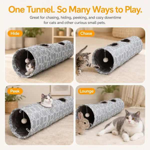Geometric Straight Cat Tunnel with Plush Inside,Cats Toys Collapsible Tunnel Tube with Balls, for Rabbits, Kittens, Ferrets,Puppy, Diameter 9.8 Inch7