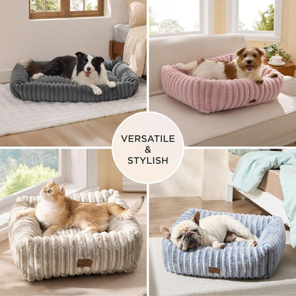 Bedsure Comfyfleece™ Cute Dog Bed for Small Medium Dogs Washable,25In Cream | Furry Puppy Beds,Square Rectangle Orthopedic Corduroy Aesthetic Pet Beds,Removable Zipper Cover,Non-Slip Bottom,Up to 15 Lbs5