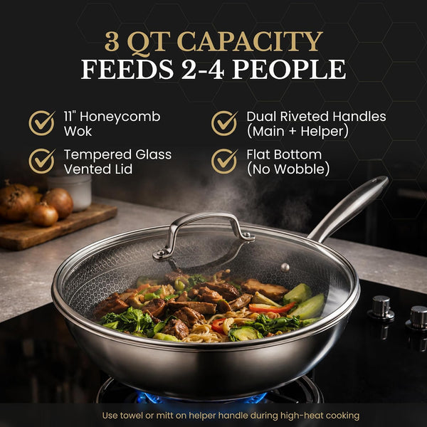 ® 11" Honeycomb Stainless Steel Wok with Lid, Nonstick, Induction Safe | Heavy-Duty Stir Fry Pan, Induction Compatible & Even Heat Distribution, Pfoa-Free Non Toxic Cookware, Oven & Dishwasher Safe6