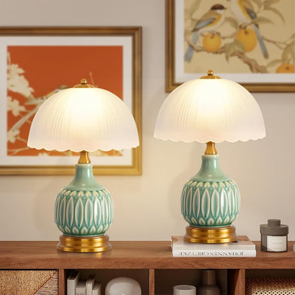 Table Lamps Ceramic Retro Lamp for Living Room,15." Modern Bedside Nightstand Traditional Lamps, Classic Chinoiserie Green Glass Lamp for Home (Retro)9