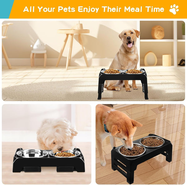 COMESOON Elevated Dog Bowls for Small Medium Dogs, 3 Height Adjustable Raised Stand with 2 Thick 6" Stainless Steel Food Bowls, Non-Slip Feeder Adjusts to 2.75", 6", 7.5", Black8