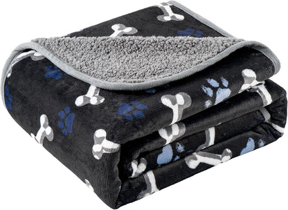 Washable Waterproof Dog Blankets for Large Dogs, 50"X60" Black | Soft Fluffy Pet Blanket for Couch Sofa Car Crate, Bed Furniture Protector, Reversible Sherpa Fleece Dog Blanket, Paw Pattern1