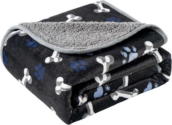 Washable Waterproof Dog Blankets for Large Dogs, 50"X60" Black | Soft Fluffy Pet Blanket for Couch Sofa Car Crate, Bed Furniture Protector, Reversible Sherpa Fleece Dog Blanket, Paw Pattern1