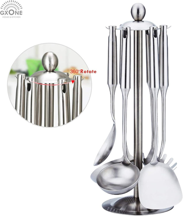 Cooking Utensils Set,6 PCS with Utensils Holder,304 Stainless Steel | round Handle,For Kitchen Cooking,Includes: Wok Spatula, Soup Ladle, Slotted Spoon, Spaghetti Spoon, Utensils Holder5
