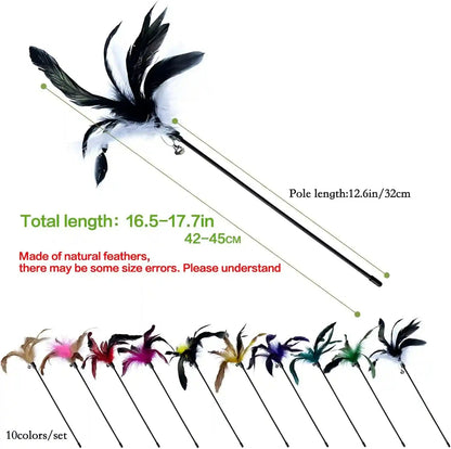 Cat Feather Wand Toys 10-Pack with Bell Indoor Kittens | Natural Feather Teaser with Bell.Interactive Wand Toy Durable Construction Withstands Active Play.2
