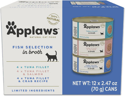 Applaws Fish Variety in Broth Wet Cat Food, 3-Flavor 12-Pack 2.47 Oz Cans | 100% Natural, High Quality Ingredients, High Protein, No Artificial Additives, Limited Ingredients1