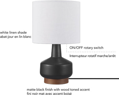 15" Ceramic Table Lamp, Matte Black Base, Wood-Toned Accent, White Linen Shade, Dual Rotary Switch, Modern Bedroom or Office Lighting, 6100004610