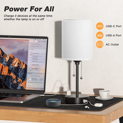 Bedside Table Lamp for Bedroom - Small Desk Lamp with USB Ports | USB A+C Ports, AC Outlet, 3 Color Temperatures, LED Bulb Included, White Fabric Shade, Black Metal Base, 14" Nightstand Lamp4