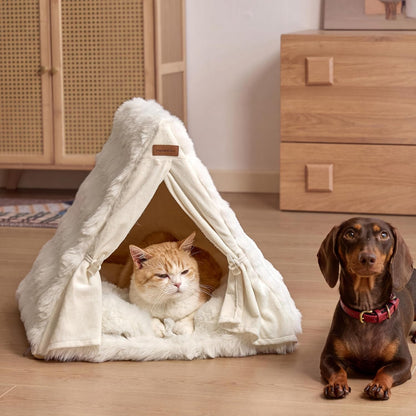 FUKUMARU Cat Cave Bed, Sturdy Frame Washable Cat Tent Bed with Curtain | Semi-Enclosed Cat Hideaway for Anxious Cats, Large Cozy Cat House for Indoor Cats, Soft Plush Covered Dog Bed, Cream9