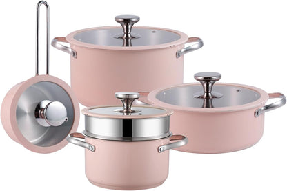 9Pcs Stainless Steel Cookware Set for Family Kitchen, 304 Grade, Ceramic Coated Exterior, Induction Compatible Pots and Pans with Glass Lids, Non-Toxic & Easy to Clean,Pink1