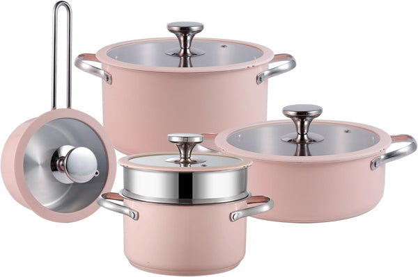 9Pcs Stainless Steel Cookware Set for Family Kitchen, 304 Grade, Ceramic Coated Exterior, Induction Compatible Pots and Pans with Glass Lids, Non-Toxic & Easy to Clean,Pink1