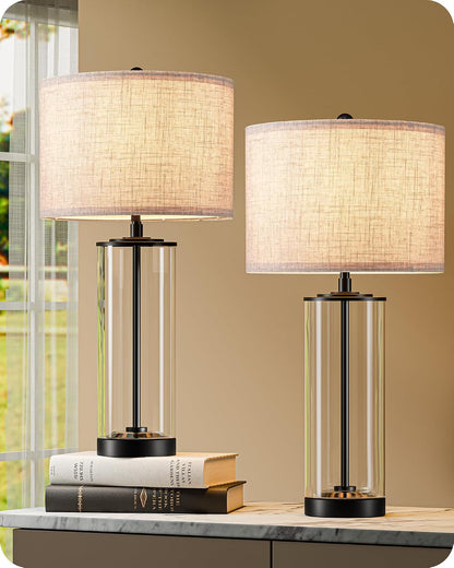 23.6" Glass Table Lamp Set of 2, DIY Refillable, Rotary Switch | Modern Bedside Lamp with Linen Lampshade, E26 Base, Nightstand Light for Living Room, Bedroom, Office1