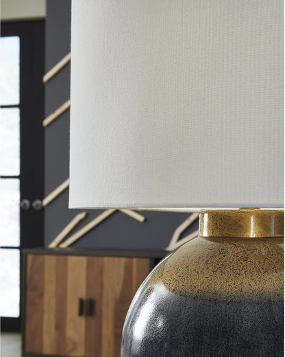 Signature Design by Ashley Table Lamp, Retro Blue with Gold Base | Dark Fabric Drum Shade over a Gold Table Lamp Base with 3-Way Switch, Tall Table Lamps for Living Room, Adara Series5