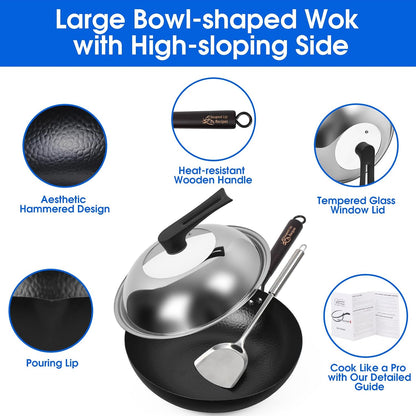 13.4 Inch Carbon Steel Wok for Electric, Induction and Gas Stoves (Lid, Spatula and User Guide Video Included)7