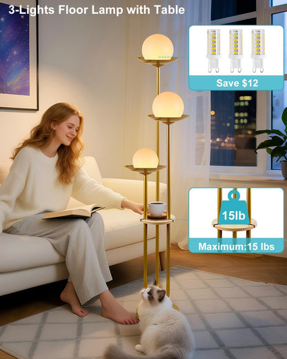 63IN Globe Floor Lamp with Shelf 3-Lights Modern Dimmable Floor Lamps with 3000K Soft Warm White Bulbs for Wedding/Party, Gold Tall Standing Lamp with 5Lbs Heavy Base for Living Room/Bedroom4