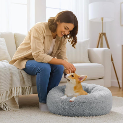 Calming Donut Dog and Cat Bed for Indoor Cats, Anti-Anxiety round Fluffy Soft Washable Small Pet Bed for Puppy and Kitten, Warming Comfortable Luxury Anti-Slip Waterproof Mute Base 20In Gray6