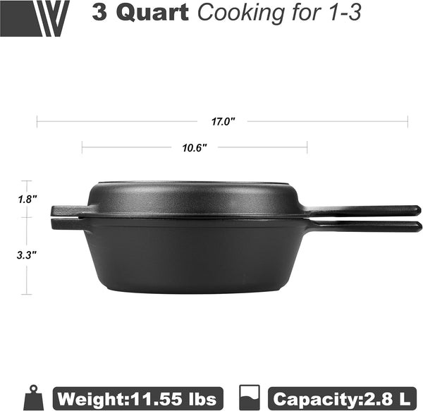 Pre-Seasoned Cast Iron Double Dutch Oven Pot with Skillet Lid, for Bread Baking, Outdoor, Campfire Cooking, 3 Quart3