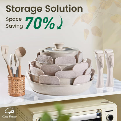 Ceramic Nonstick Pots and Pans Set 19 Piece with Detachable Handle, Induction Dishwasher Oven Safe Cookware Set, RV Kitchen Set Removable Handle, Mocca Taupe3